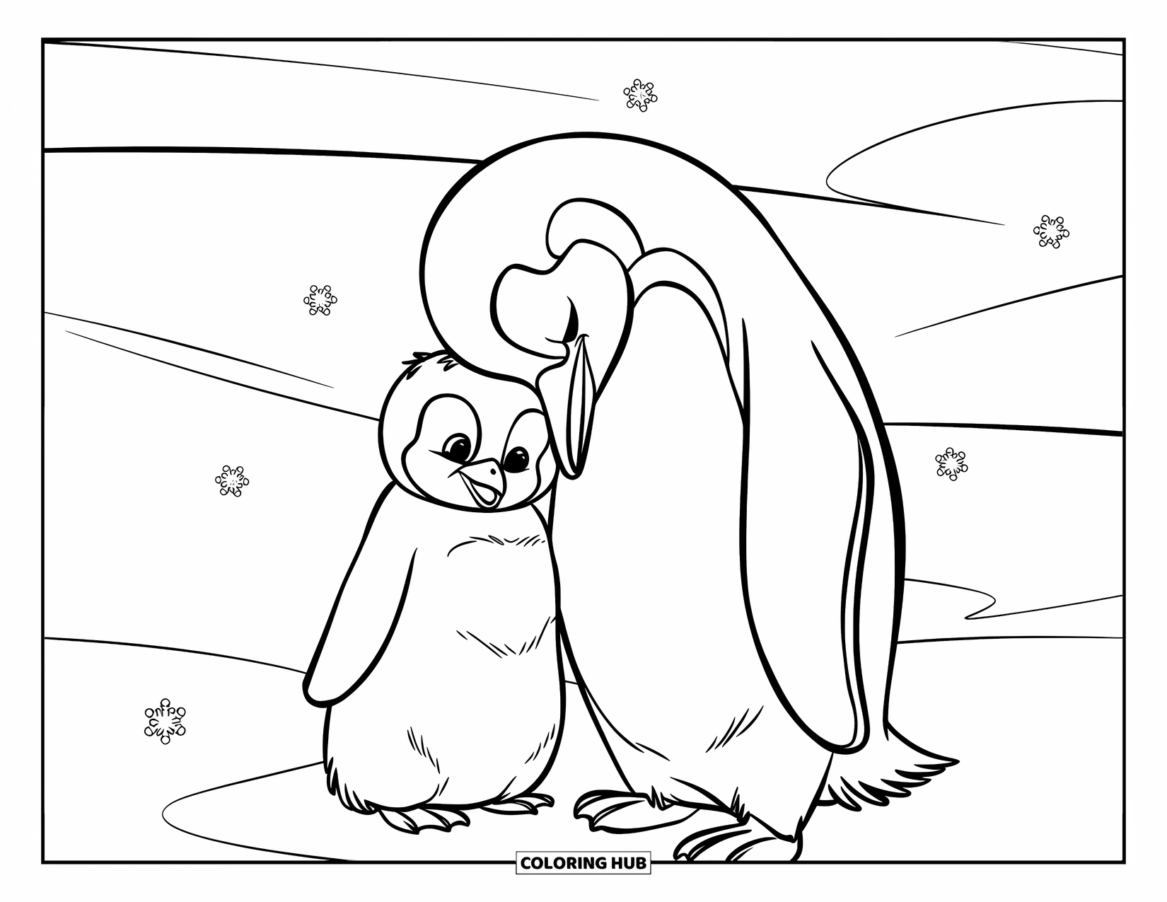 Baby Penguin Coloring Page for Kids: A baby penguin cuddling with its parent in a snowy field as small snowflakes fall