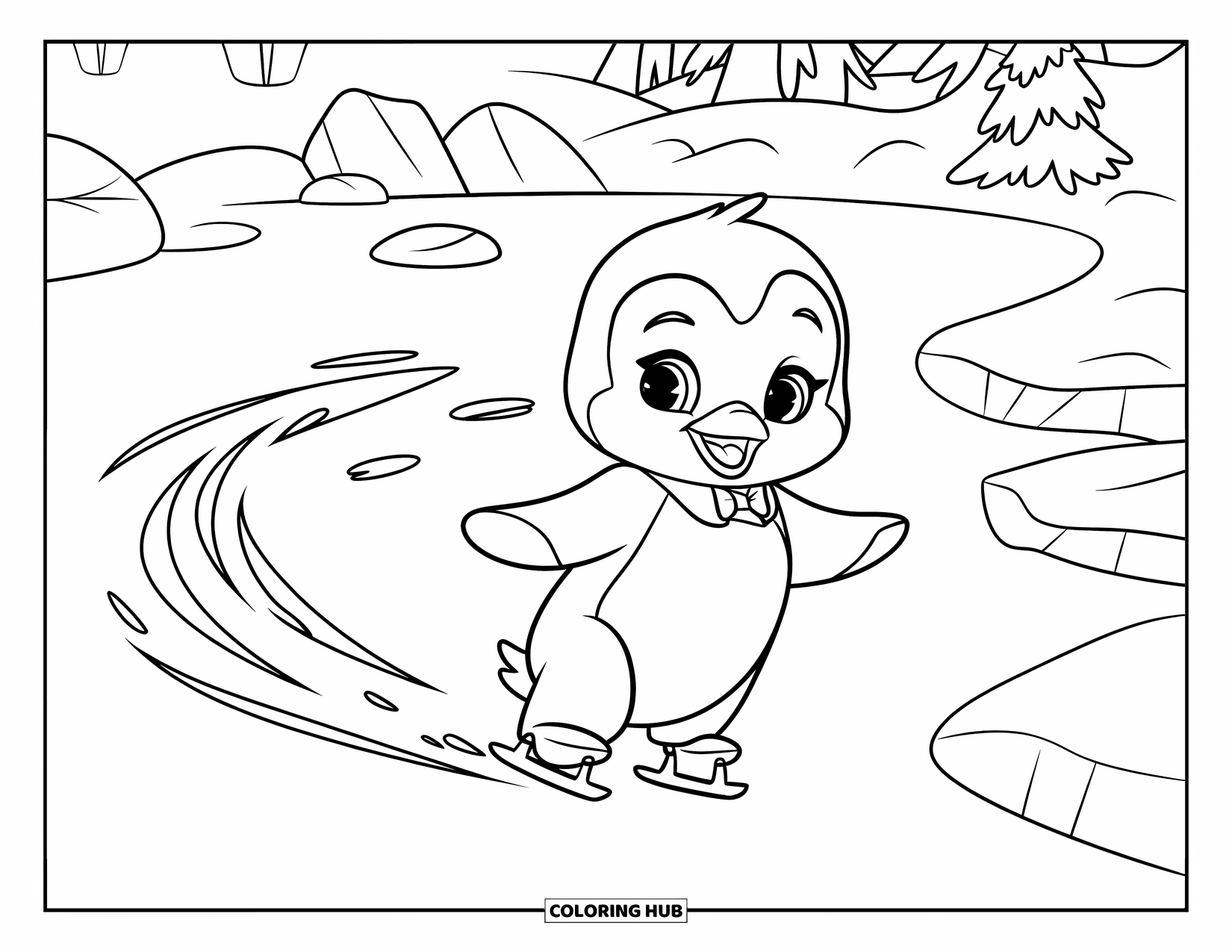 Baby Penguin Coloring Page for Kids: A baby penguin gliding across an icy surface, leaving swirling trails as it moves