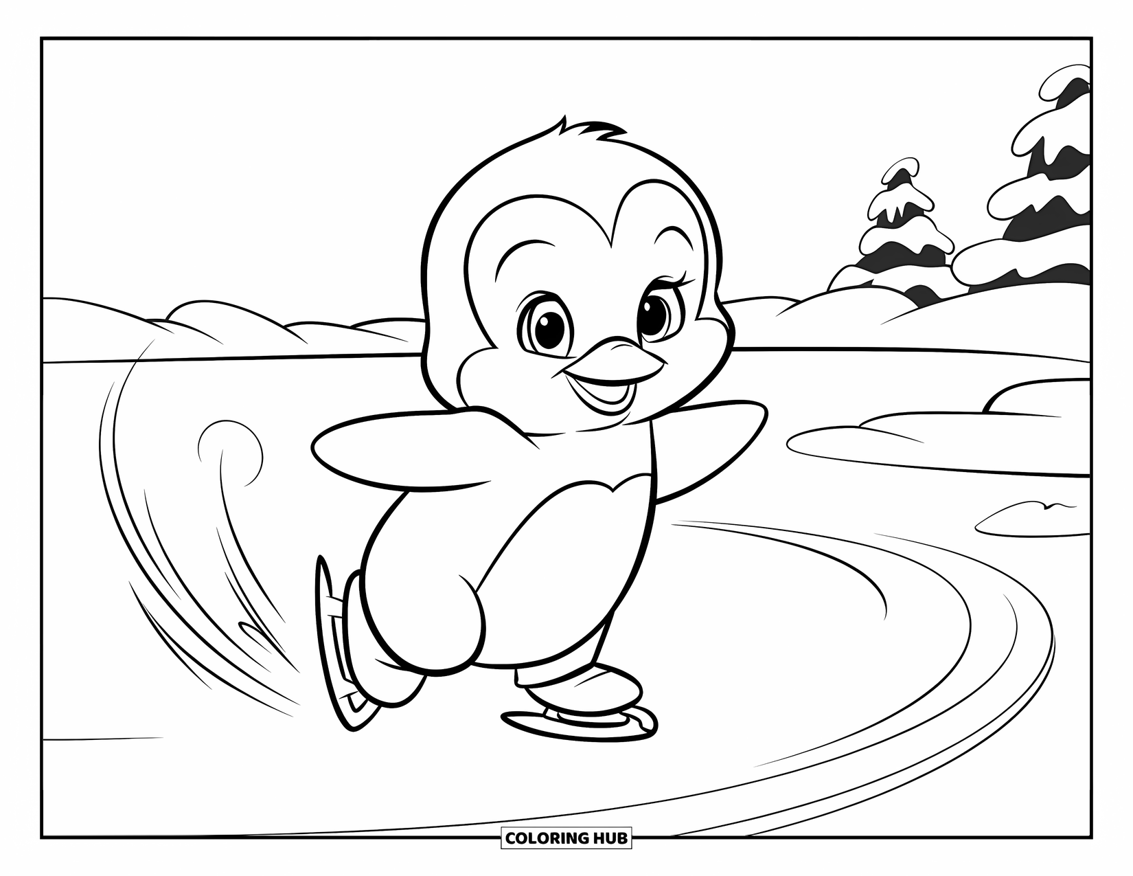 Baby Penguin Coloring Page for Kids: A baby penguin gracefully skating on ice, tracing delicate loops in the frosty air