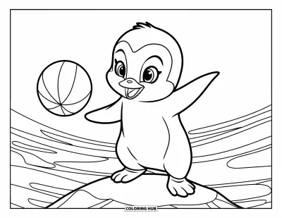 Baby-Pinguin-Ausmalbild für Kinder: Ein Baby-Pinguin spielt fröhlich mit einem Ball, während er auf einem Felsen im Ozean steht