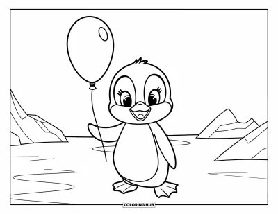 Baby-Pinguin-Ausmalbild für Kinder: Ein Baby-Pinguin hält einen Ballon und steht im Schnee, mit fernen Eisbergen im Hintergrund