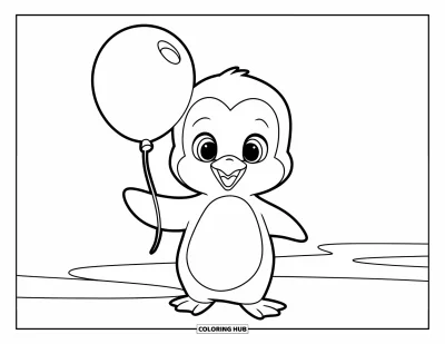 Baby-Pinguin-Ausmalbild für Kinder: Ein Baby-Pinguin hält einen Ballon und steht auf einer Schneefläche mit einfachem Hintergrund