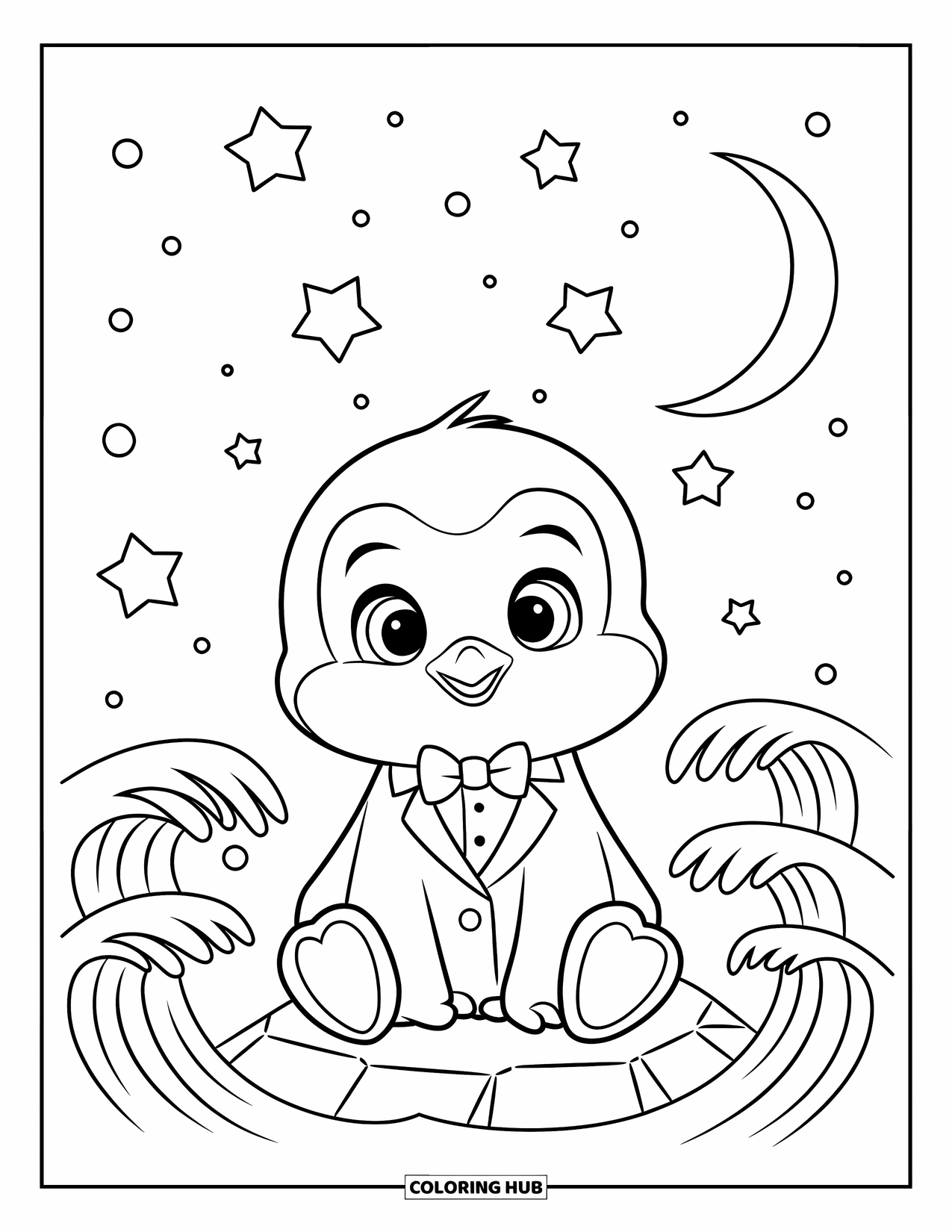 Baby Penguin Coloring Page for Kids: A baby penguin in a tiny tuxedo, sitting on a rock under a glowing crescent moon