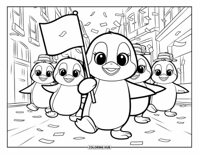 Baby-Pinguin-Ausmalbild für Kinder: Ein Baby-Pinguin führt freudig eine Parade an, seine kleine Mütze hüpft, während Konfetti fällt