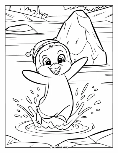 Baby-Pinguin-Ausmalbild für Kinder: Ein Baby-Pinguin springt freudig ins Wasser und macht Spritzer, mit einem Eisberg in der Nähe