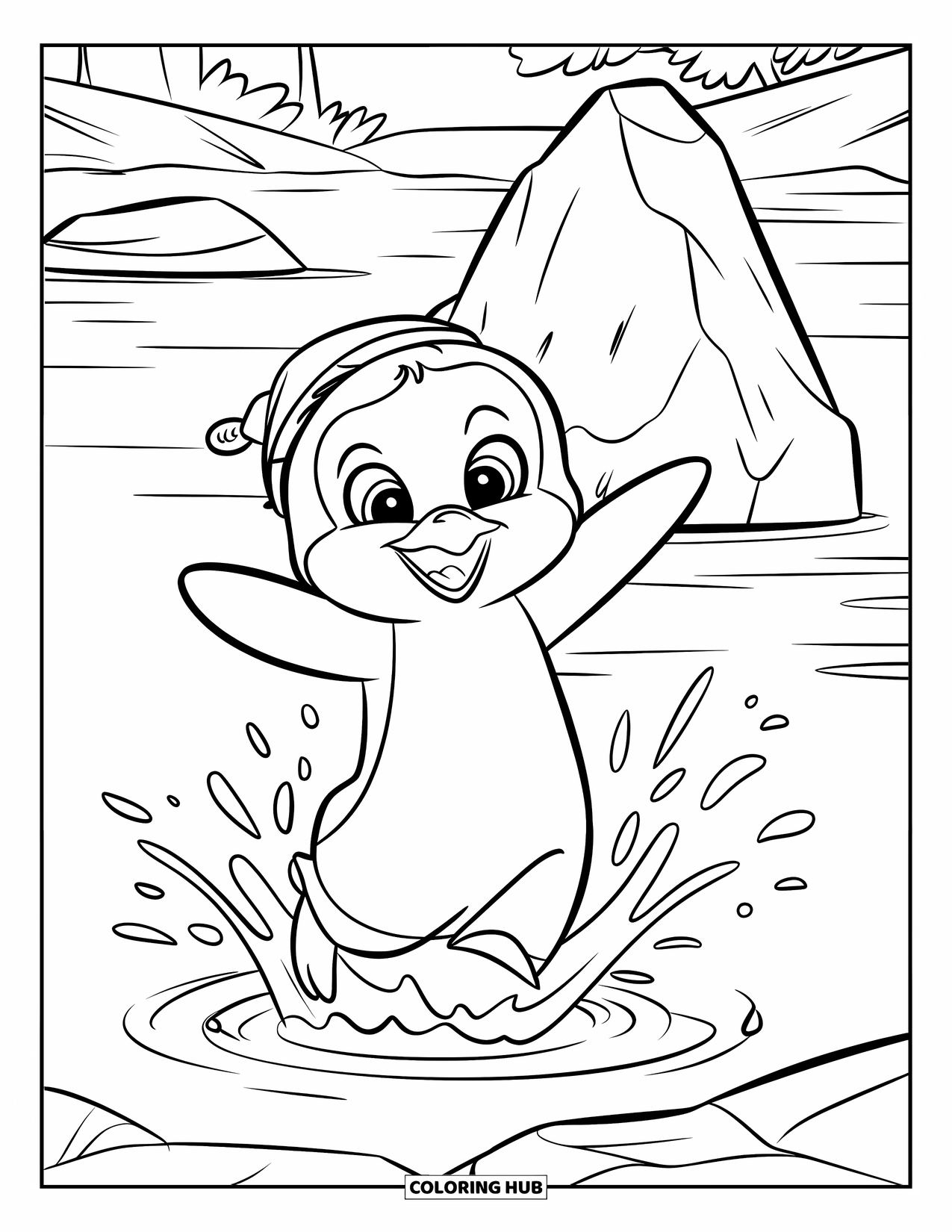 Baby Penguin Coloring Page for Kids: A baby penguin joyfully leaping into the water, making splashes with an iceberg nearby