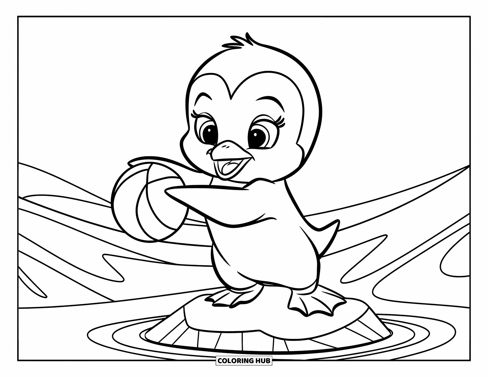 Baby Penguin Coloring Page for Kids: A baby penguin joyfully playing with a ball on a rock surrounded by ocean waves