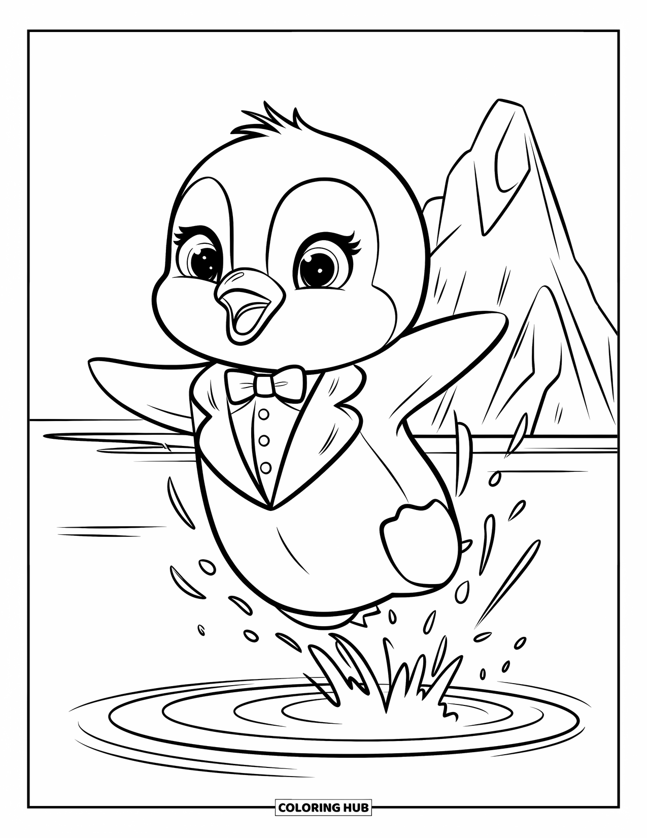 Baby Penguin Coloring Page for Kids: A baby penguin joyfully soaring above the water, splashing with an iceberg in the background