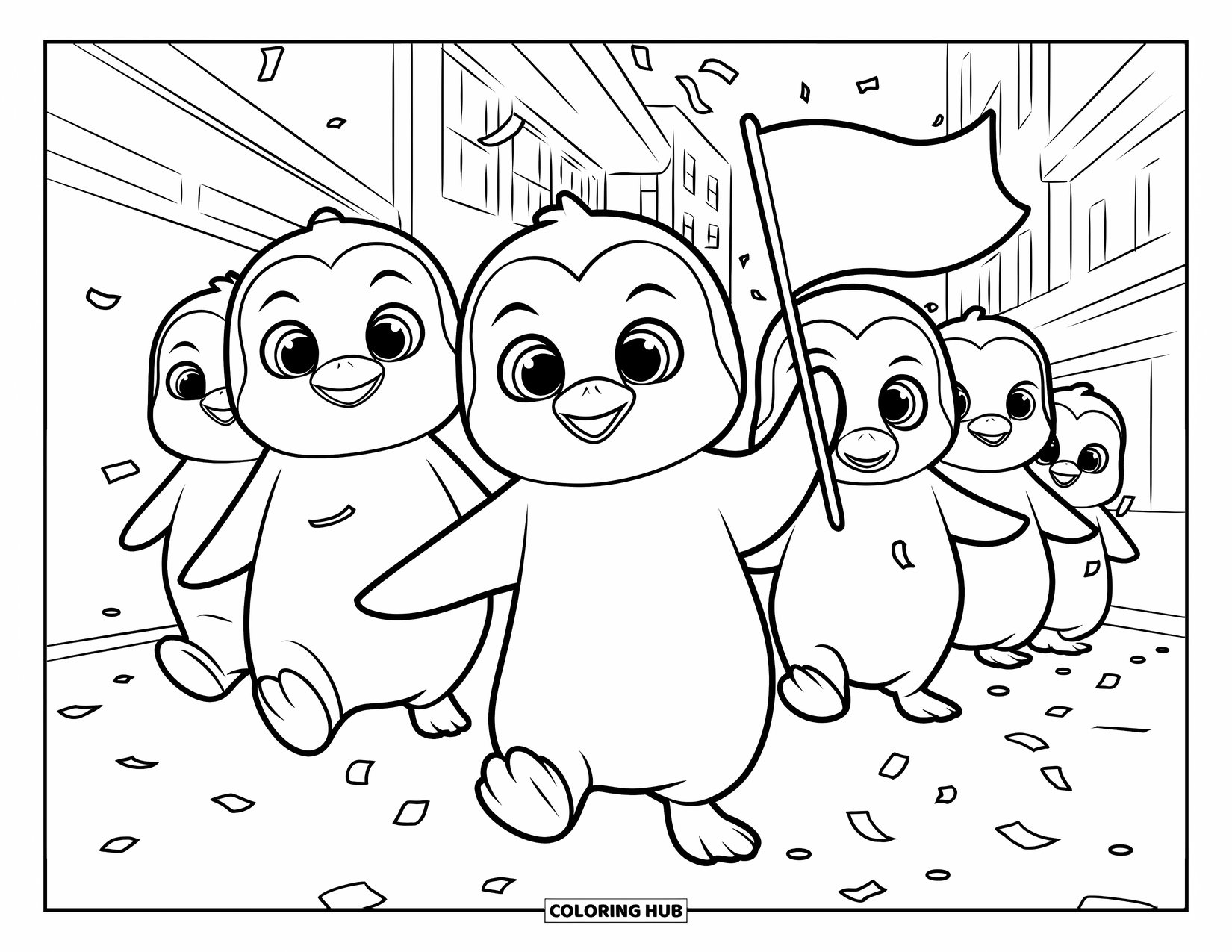 Baby Penguin Coloring Page for Kids: A baby penguin leading a parade of penguins, holding a flag as confetti rains down