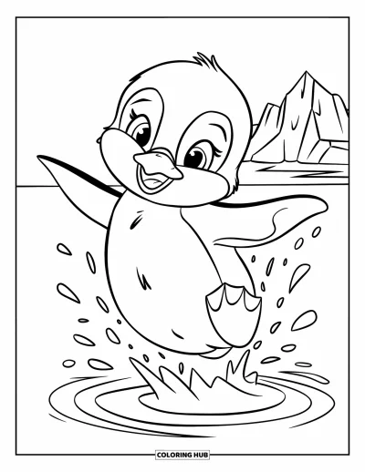 Baby-Pinguin-Ausmalbild für Kinder: Ein Baby-Pinguin springt aus dem Wasser, Tropfen fliegen, und dahinter ragt ein Eisberg auf