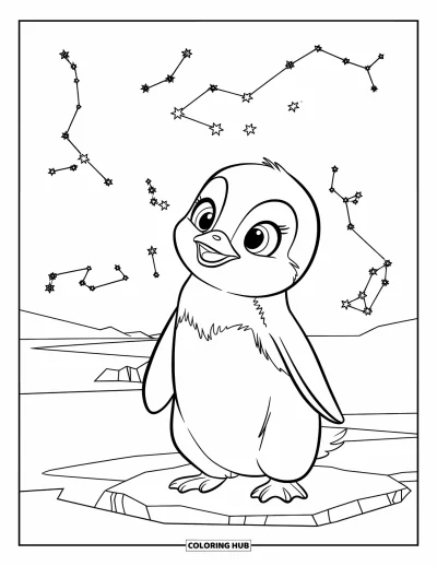 Baby-Pinguin-Ausmalbild für Kinder: Ein Baby-Pinguin blickt zum Nachthimmel, umgeben von kleinen funkelnden Sternbildern