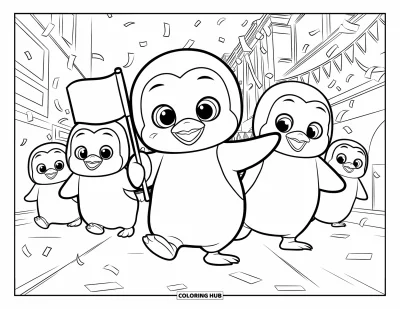 Baby-Pinguin-Ausmalbild für Kinder: Ein Baby-Pinguin marschiert stolz an der Spitze einer Parade und schwenkt eine Fahne