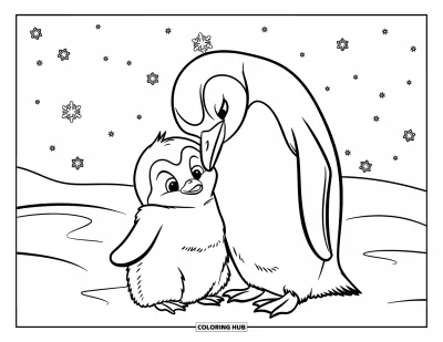 Baby-Pinguin-Ausmalbild für Kinder: Ein Baby-Pinguin schmiegt sich nah an sein Elternteil, umgeben von fallendem Schnee in einer Winterszene