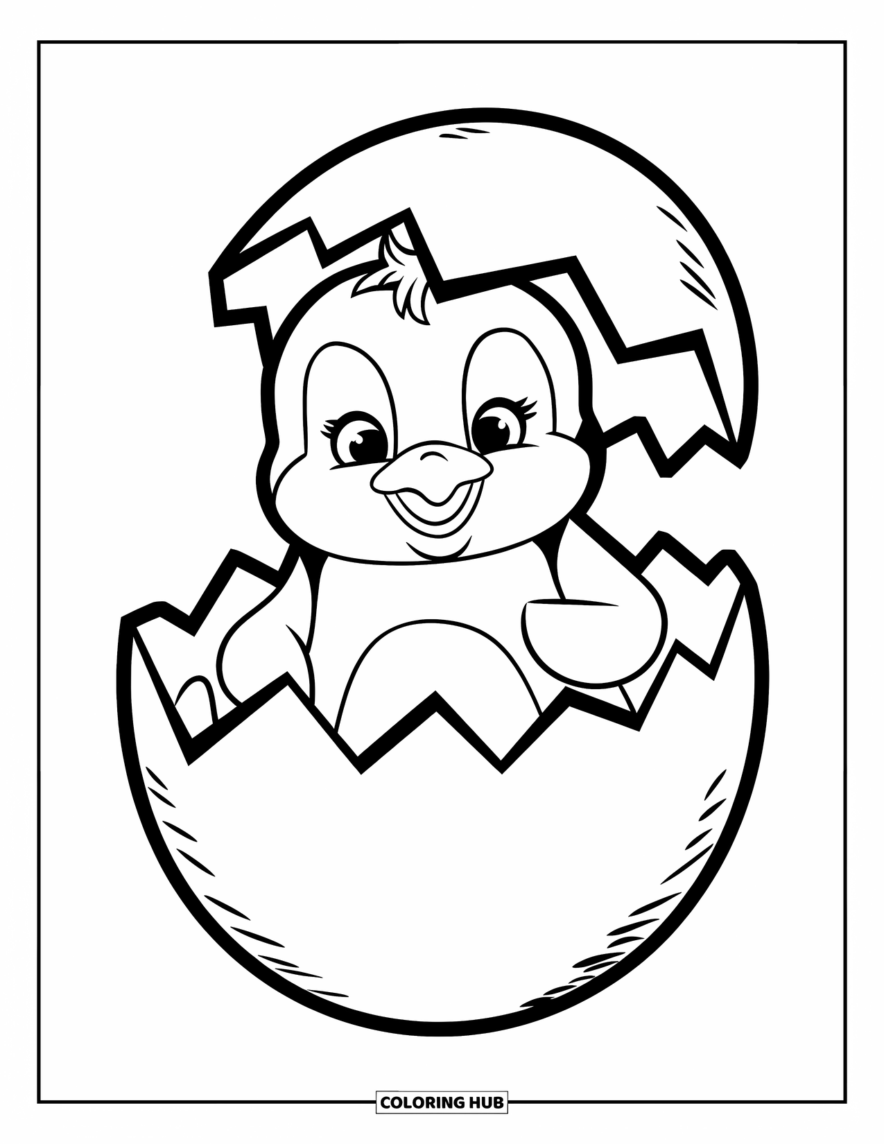 Baby Penguin Coloring Page for Kids: A baby penguin peeking out from a broken eggshell, looking around curiously