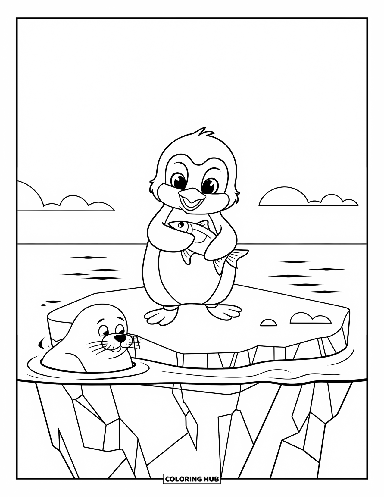 Baby Penguin Coloring Page for Kids: A baby penguin proudly holding a fish while a seal peeks out from the icy waters