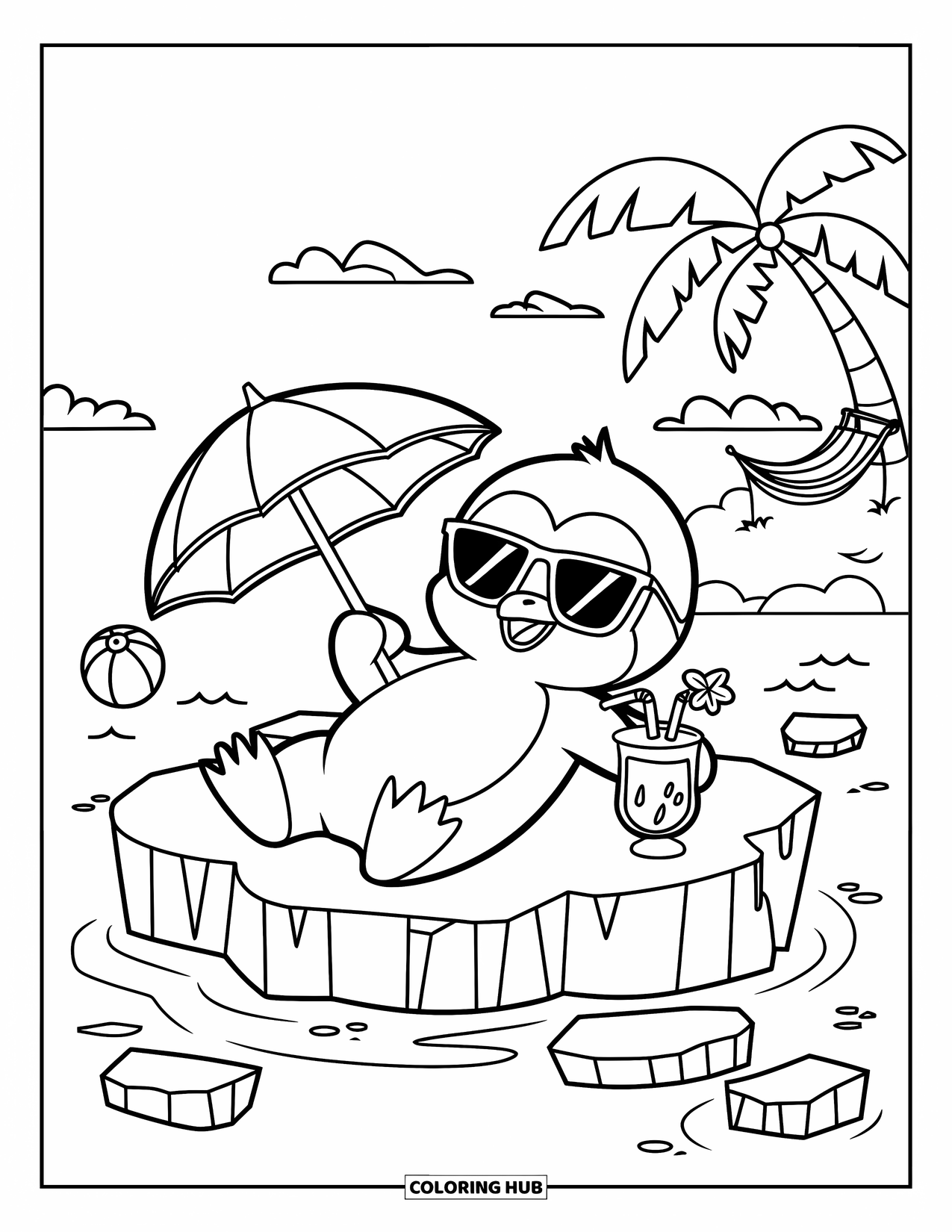 Baby Penguin Coloring Page for Kids: A baby penguin relaxing on an ice floe, holding a tropical drink under a bright sky