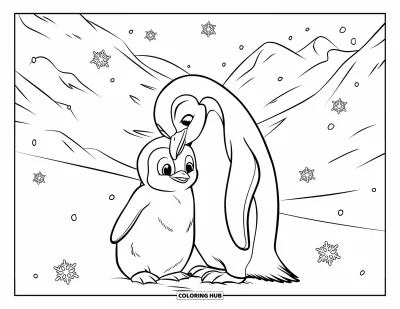 Baby-Pinguin-Ausmalbild für Kinder: Ein Baby-Pinguin lehnt sich an sein Elternteil auf einem verschneiten Feld mit Bergen im Hintergrund