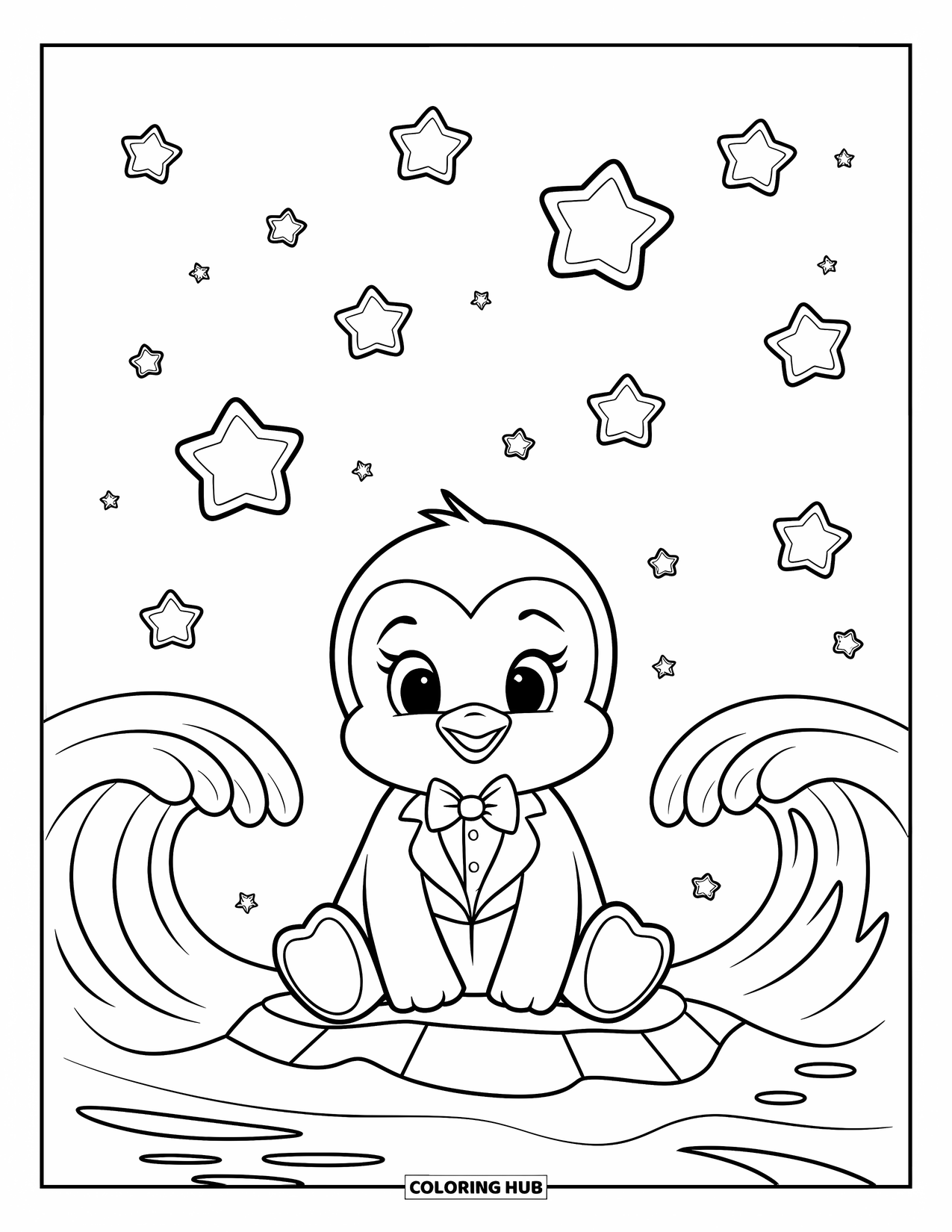 Baby Penguin Coloring Page for Kids: A baby penguin resting on a rock in the ocean, gazing at the stars in the night sky