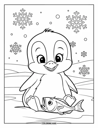 Baby-Pinguin-Ausmalbild für Kinder: Ein Baby-Pinguin sitzt in einer Schneewehe mit einem Fisch daneben, umgeben von großen Schneeflocken
