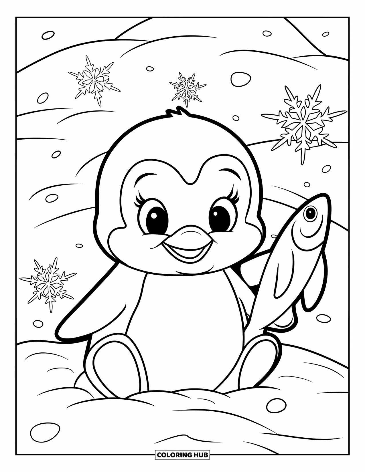 Baby Penguin Coloring Page for Kids: A baby penguin sitting in the snow with a fish, its feet tucked into a fluffy snowbank