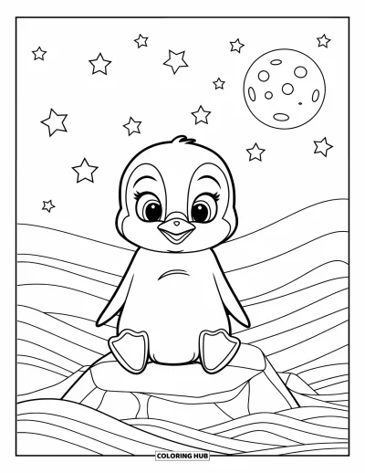 Baby-Pinguin-Ausmalbild für Kinder: Ein Baby-Pinguin sitzt auf einem Felsen unter einem Sternenhimmel, umgeben von sanften Meereswellen