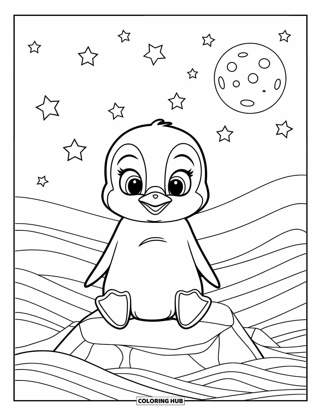 Baby Penguin Coloring Page for Kids: A baby penguin sitting on a rock under a starry sky, surrounded by rolling ocean waves