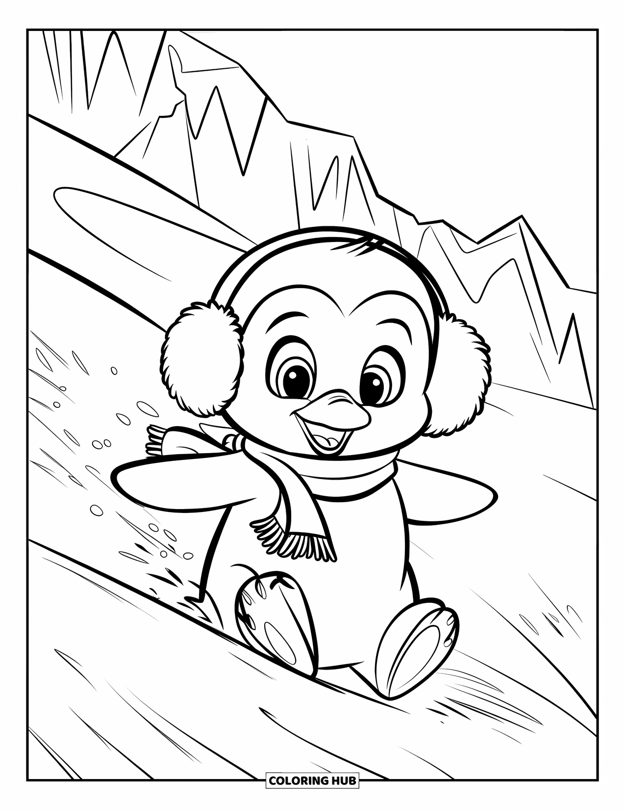 Baby Penguin Coloring Page for Kids: A baby penguin sliding down a snowy hill with earmuffs and a scarf, surrounded by mountains