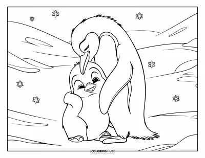 Baby-Pinguin-Ausmalbild für Kinder: Ein Baby-Pinguin kuschelt sich an sein Elternteil in einer Schneelandschaft mit sanft fallenden Flocken