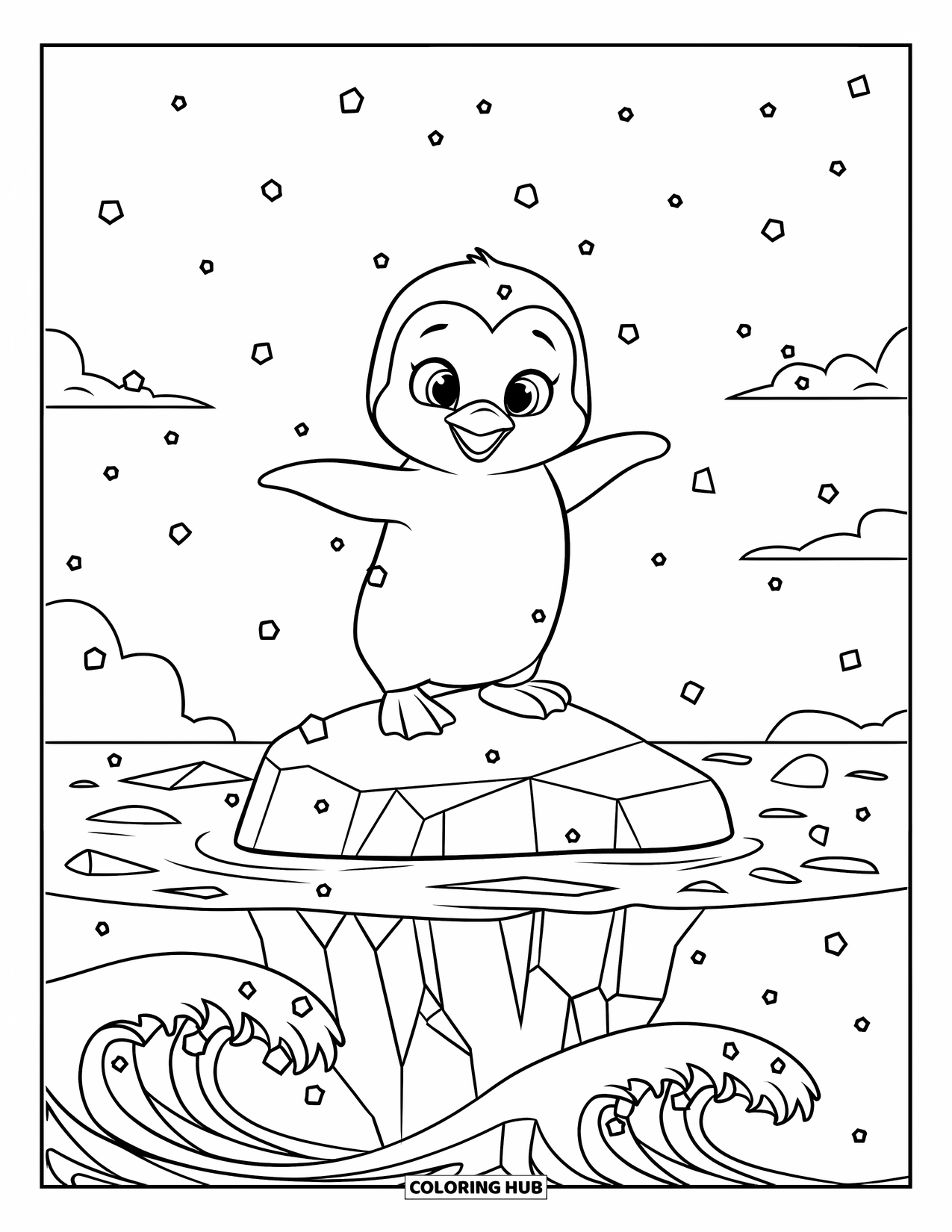 Baby Penguin Coloring Page for Kids: A baby penguin spreading its wings atop an iceberg, with ocean waves rolling in the distance