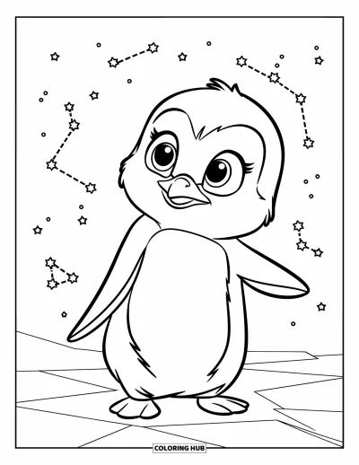 Baby-Pinguin-Ausmalbild für Kinder: Ein Baby-Pinguin steht auf dem Eis und schaut mit staunenden Augen zu den Sternen hinauf