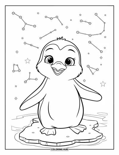 Baby-Pinguin-Ausmalbild für Kinder: Ein Baby-Pinguin steht auf dem Eis und ist vom sternenreichen Himmel mit leuchtenden Sternbildern verzaubert