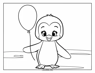 Baby-Pinguin-Ausmalbild für Kinder: Ein Baby-Pinguin steht im Schnee und hält einen Ballon, vor einem klaren, schlichten Hintergrund