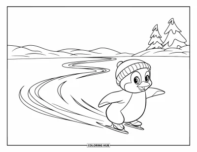 Baby-Pinguin-Ausmalbild für Kinder: Ein Baby-Pinguin dreht sich auf dem Eis und hält mit einer winzigen Mütze das Gleichgewicht, Bäume in der Ferne