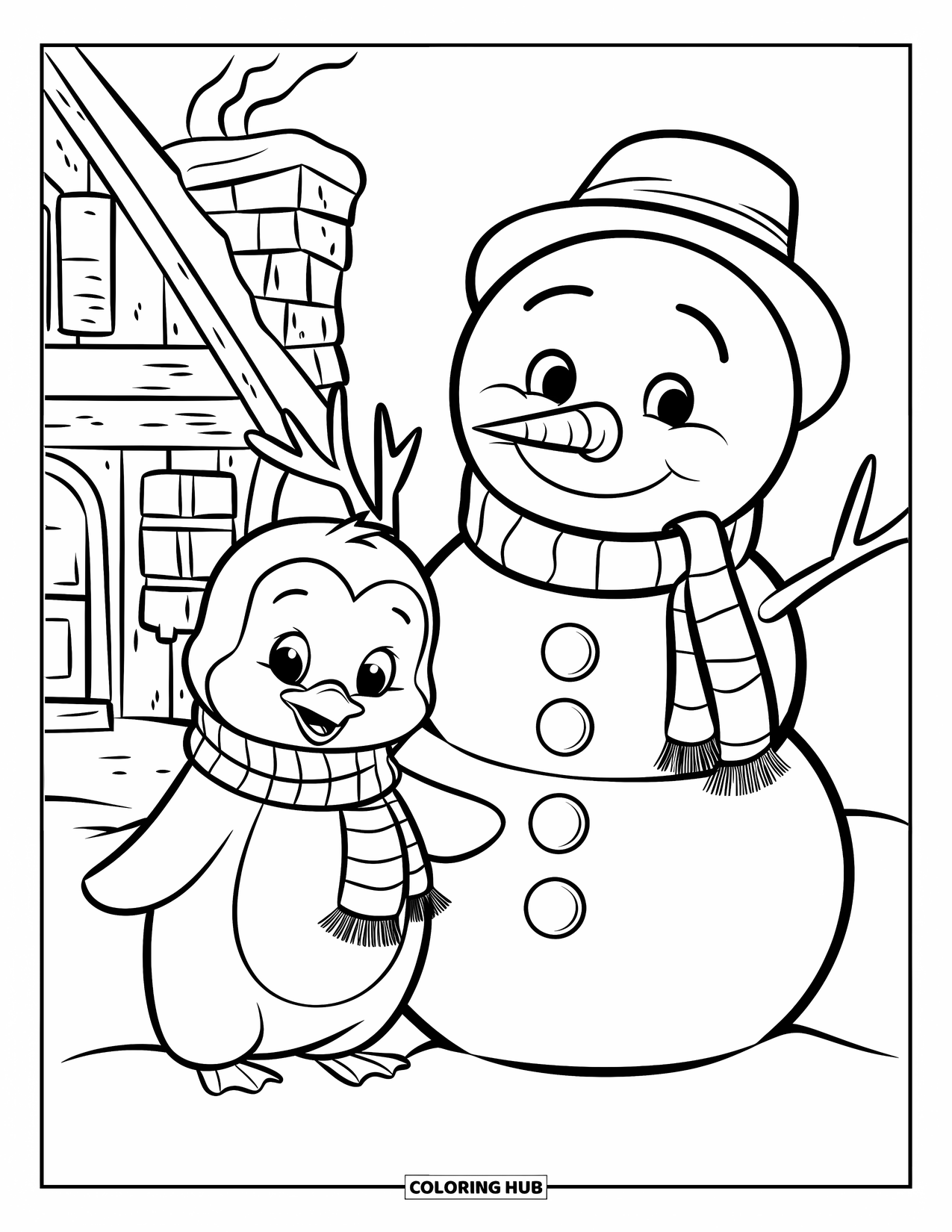 Baby Penguin Coloring Page for Kids: A baby penguin wearing a striped scarf standing beside a snowman near a cozy cottage