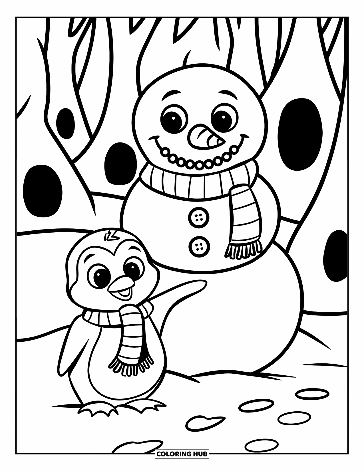 Baby Penguin Coloring Page for Kids: A baby penguin wearing a striped scarf, standing beside a snowman with a button smile