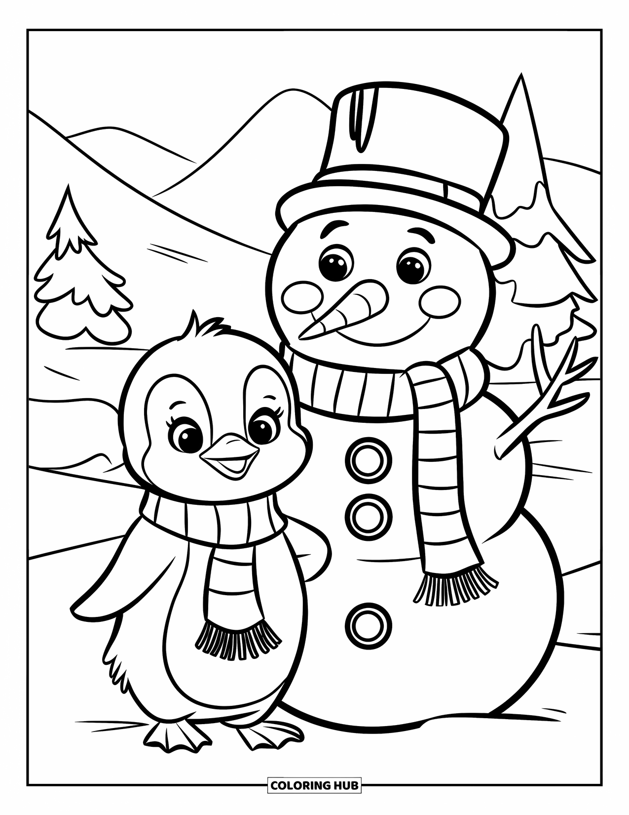 Baby Penguin Coloring Page for Kids: A baby penguin wearing a striped scarf standing next to a smiling snowman in the snow