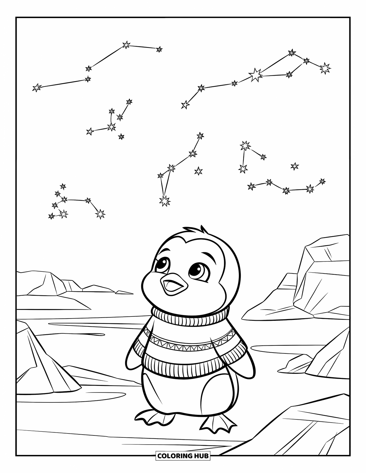 Baby Penguin Coloring Page for Kids: A baby penguin wearing a striped sweater, at the starry sky above icy terrain