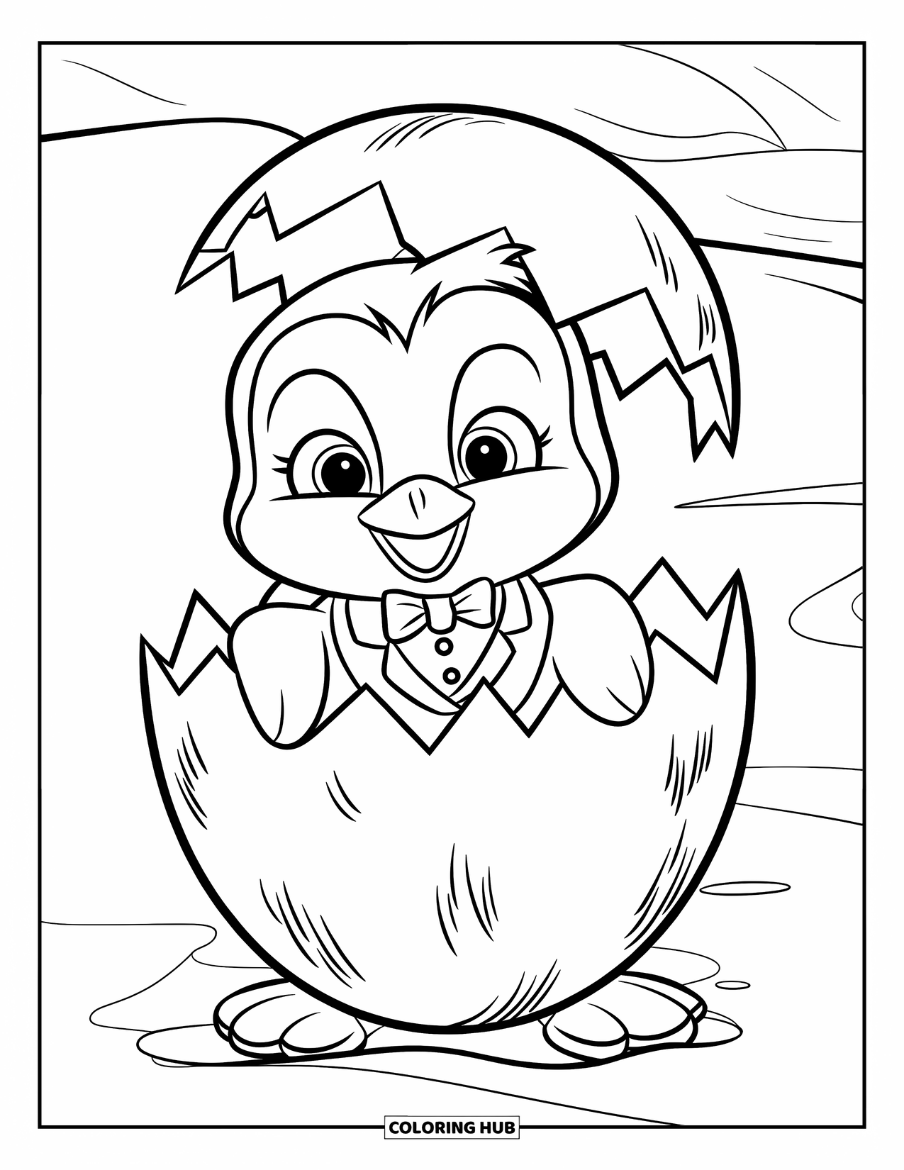 Baby Penguin Coloring Page for Kids: A baby penguin wearing a tiny tuxedo, emerging from a cracked eggshell on snowy ground