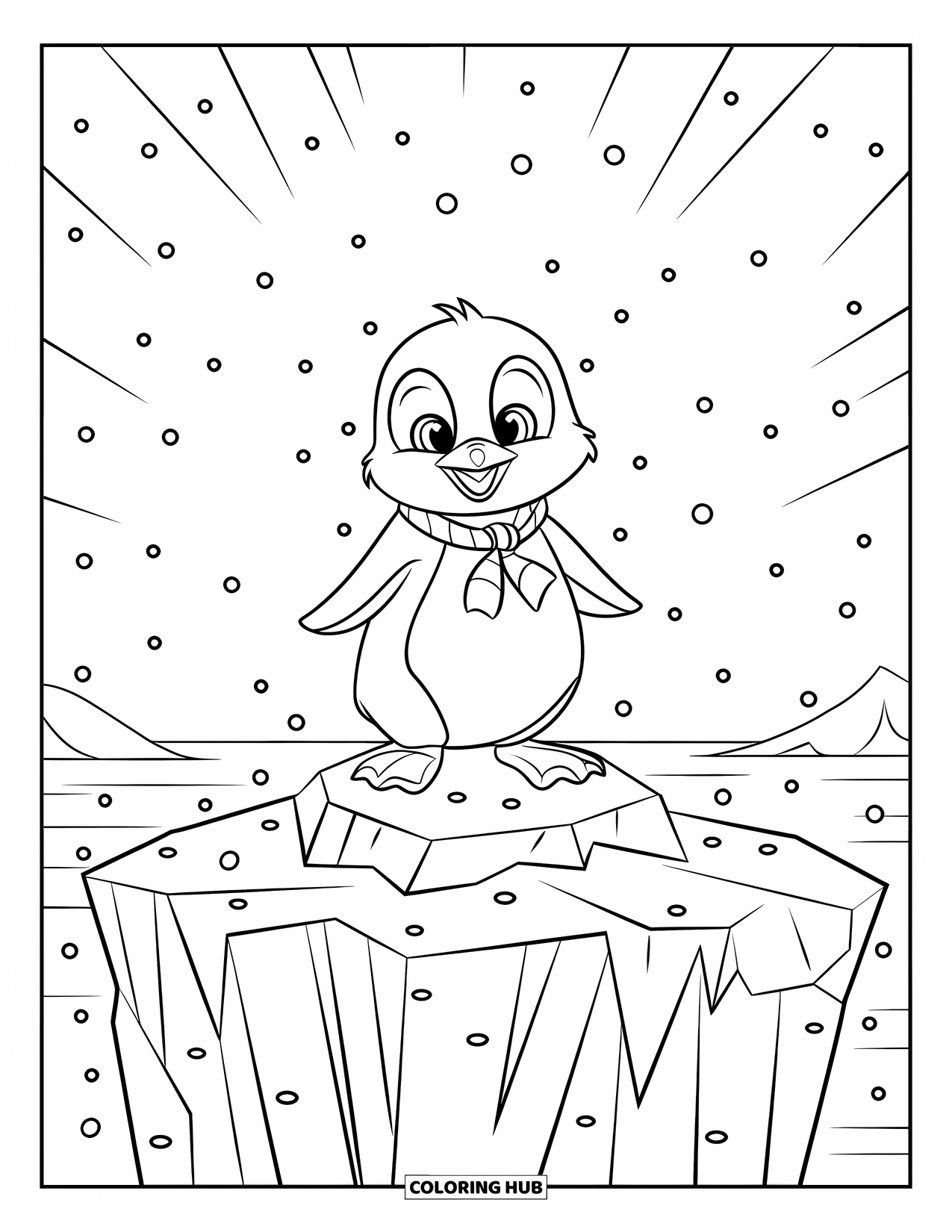 Baby Penguin Coloring Page for Kids: A baby penguin with a fluffy body and a scarf standing on an iceberg in falling snow