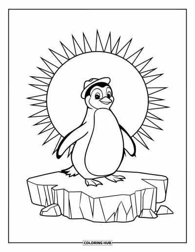 Baby-Pinguin-Ausmalbild für Kinder: Ein Baby-Pinguin mit rundem Körper und kleiner Mütze steht auf dem Eis und blickt zur Sonne