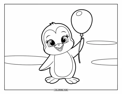 Baby-Pinguin-Ausmalbild für Kinder: Ein Baby-Pinguin mit großen Augen und rundlichem Körper hält einen Ballon auf einer Schneefläche