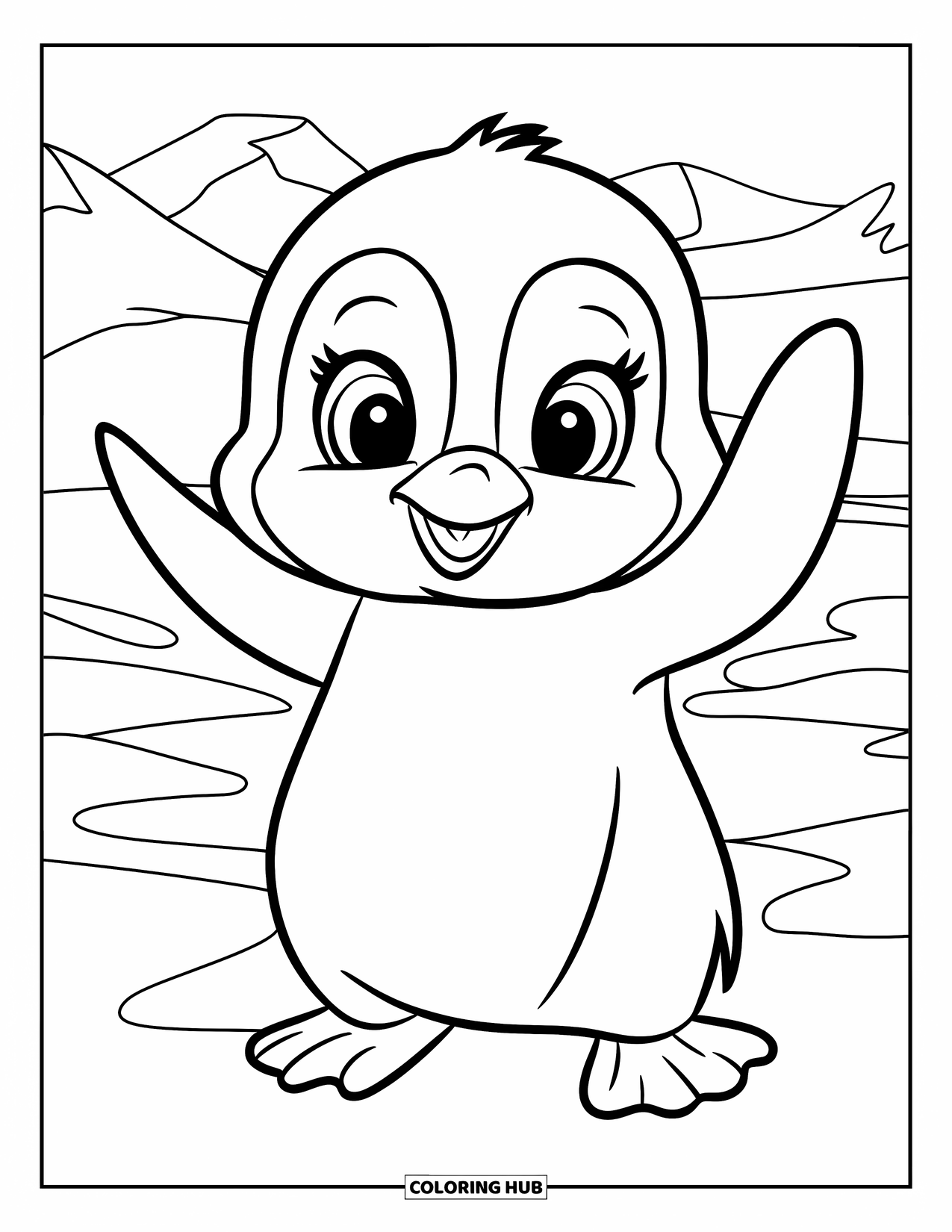 Baby Penguin Coloring Page for Kids: A cute baby penguin standing on snow, waving its flippers with mountains behind