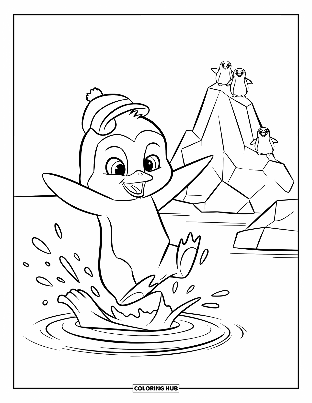 Baby Penguin Coloring Page for Kids: A playful baby penguin jumping into the water, creating ripples with an iceberg behind