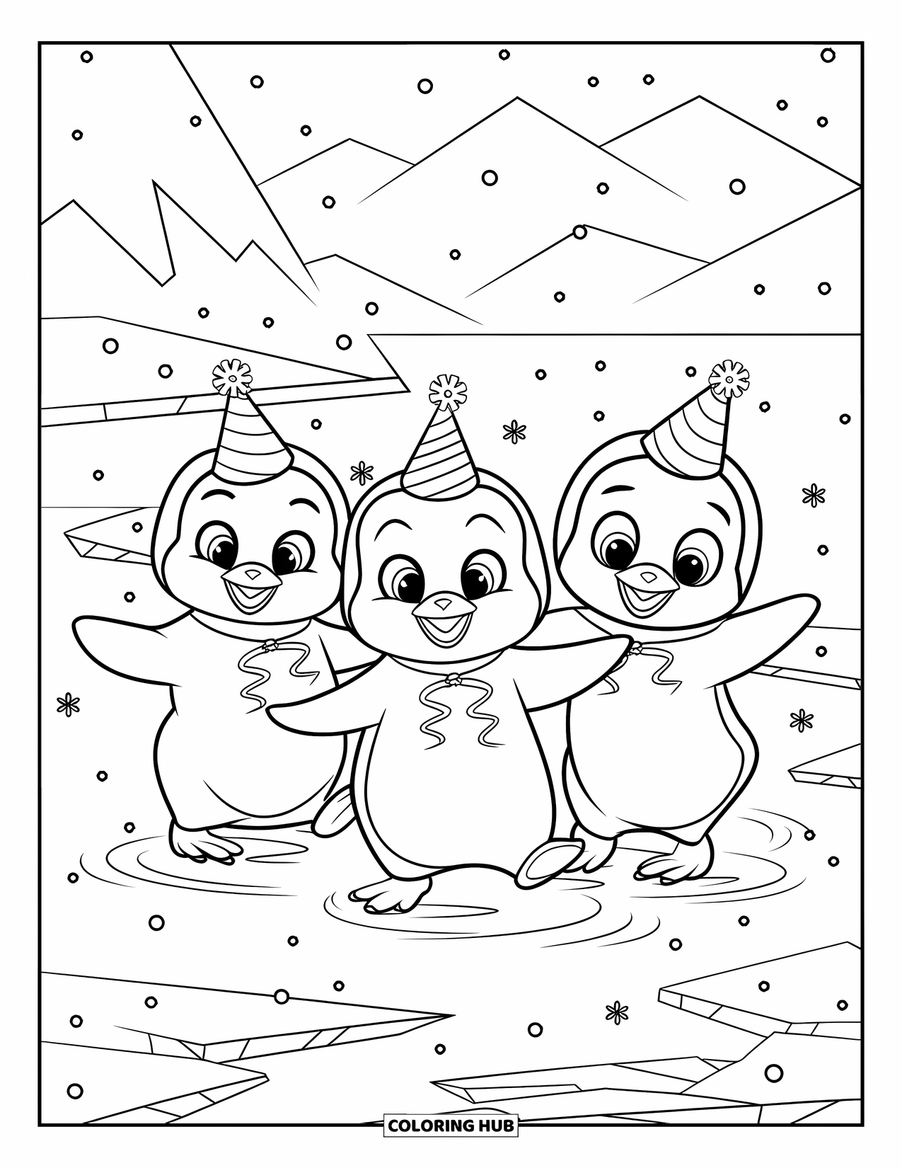 Baby Penguin Coloring Page for Kids: Three baby penguins dancing on a frozen lake with tiny snowflakes and ice cracks around them