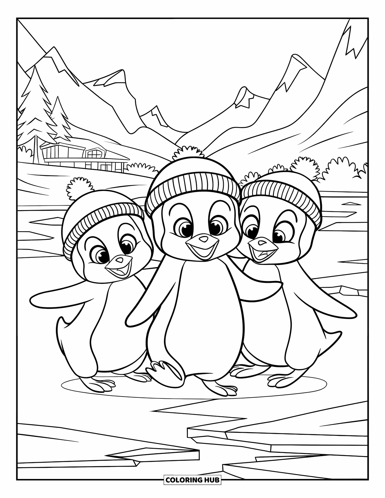 Baby Penguin Coloring Page for Kids: Three baby penguins in tiny hats dancing on a frozen lake with mountains and trees behind
