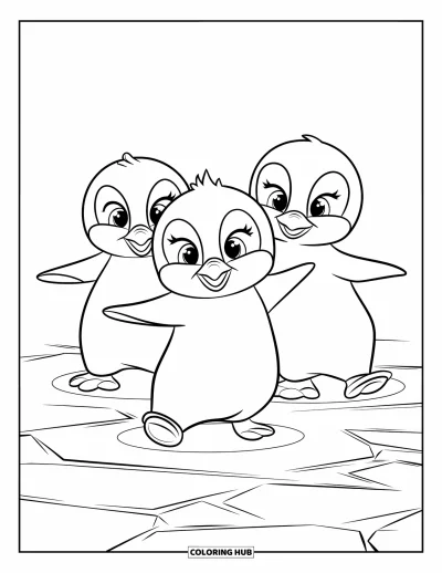 Baby-Pinguin-Ausmalbild für Kinder: Drei Baby-Pinguine drehen Pirouetten auf dem Eis, ihre kleinen Füße wirbeln Schneeflocken auf