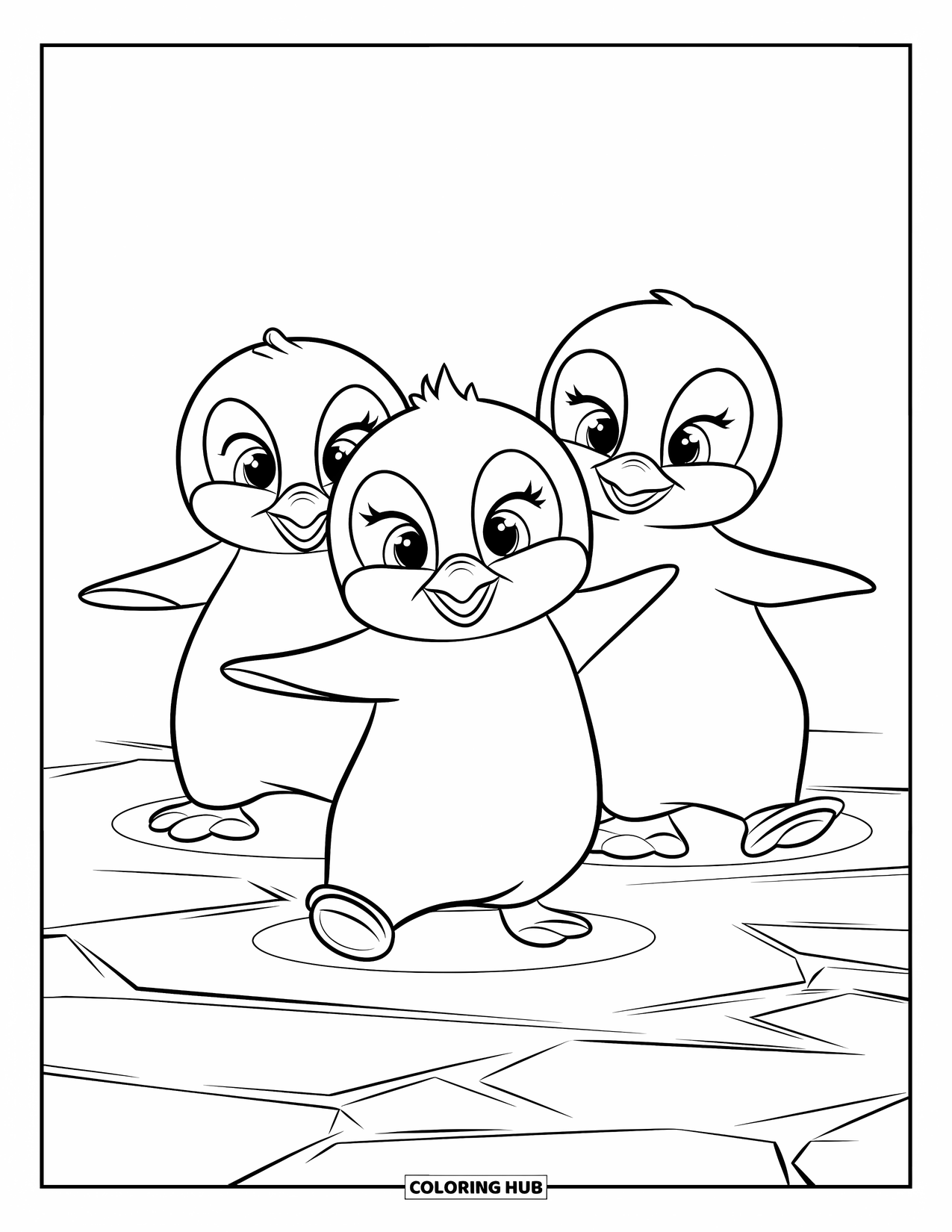 Baby Penguin Coloring Page for Kids: Three baby penguins twirling on ice, their little feet kicking up tiny snowflakes