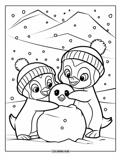 Baby-Pinguin-Ausmalbild für Kinder: Zwei Baby-Pinguine bauen gemeinsam einen Schneemann, während weiche Schneeflocken um sie treiben