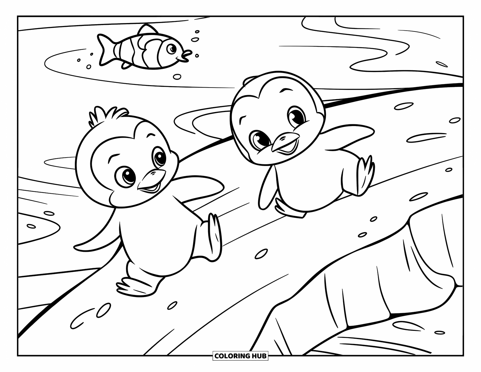 Baby Penguin Coloring Page for Kids: Two baby penguins having fun on an icy slope, with a fish and rippling water in the background