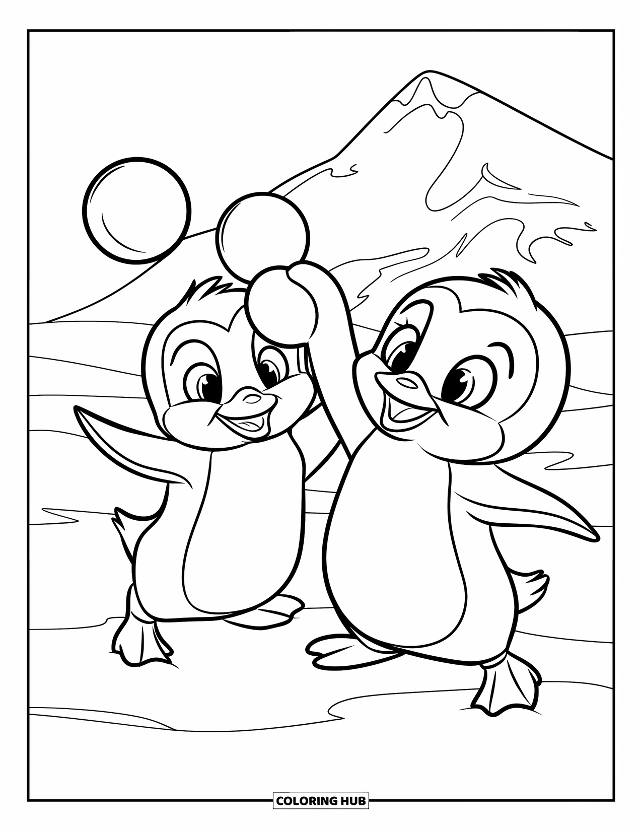 Baby Penguin Coloring Page for Kids: Two baby penguins in a friendly snowball fight, giggling as snowflakes swirl around them